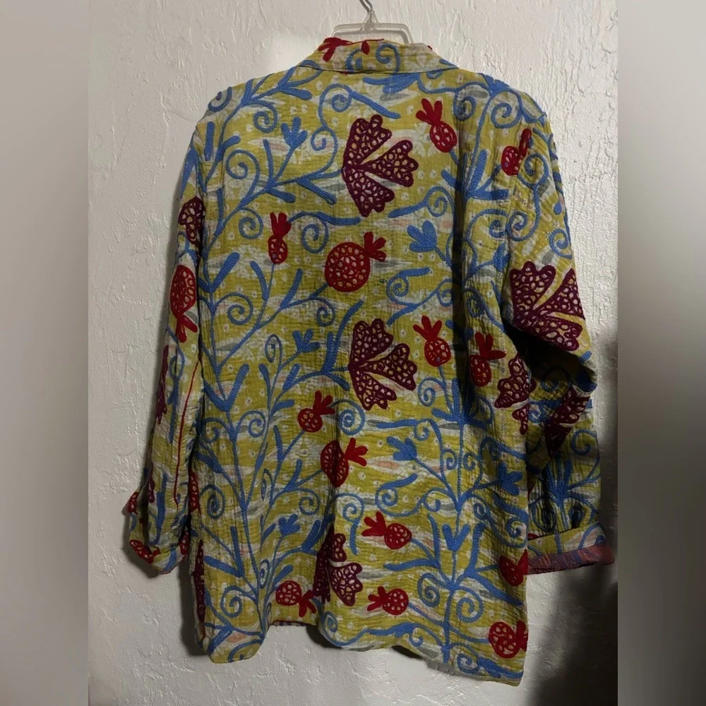 Embroidered Floral Open-Front Jacket in Yellow and Red - Picture 3 of 5